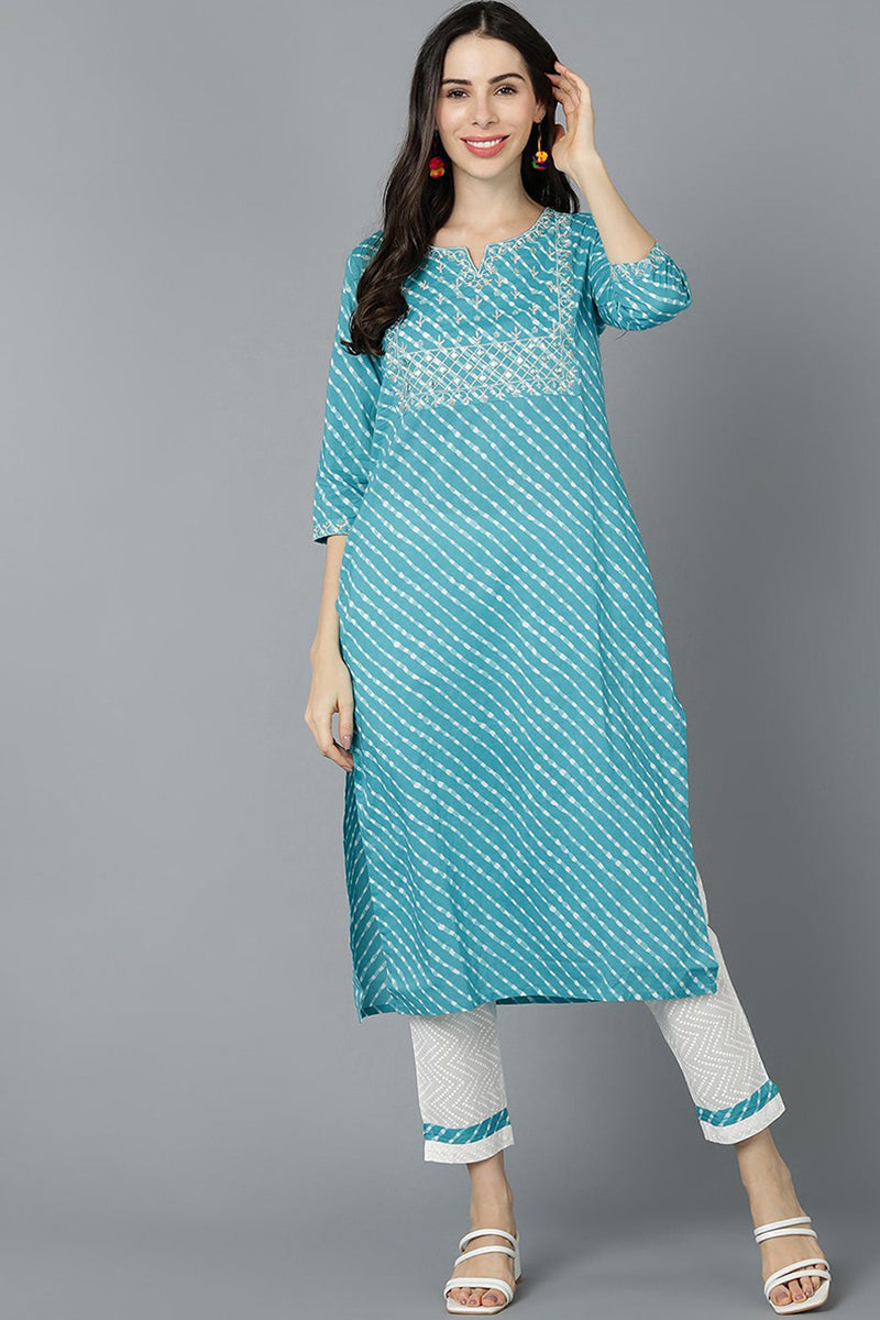 Turquoise blue Cotton Printed Kurta VCK8570