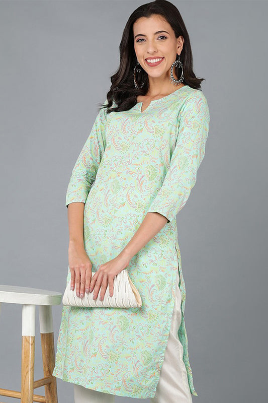 Turquoise Blue Cotton Printed Kurta VCK8580