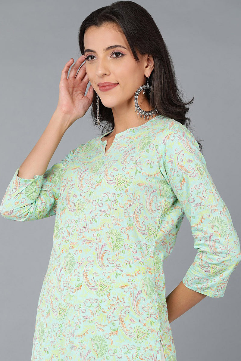 Turquoise Blue Cotton Printed Kurta VCK8580