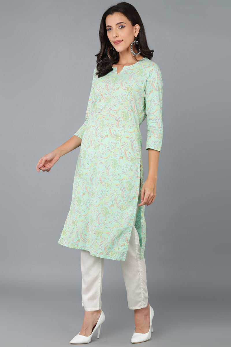 Turquoise Blue Cotton Printed Kurta VCK8580