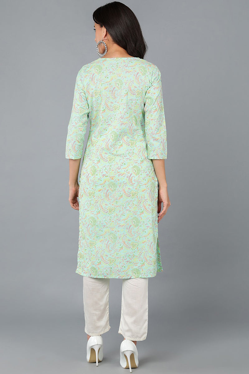 Turquoise Blue Cotton Printed Kurta VCK8580