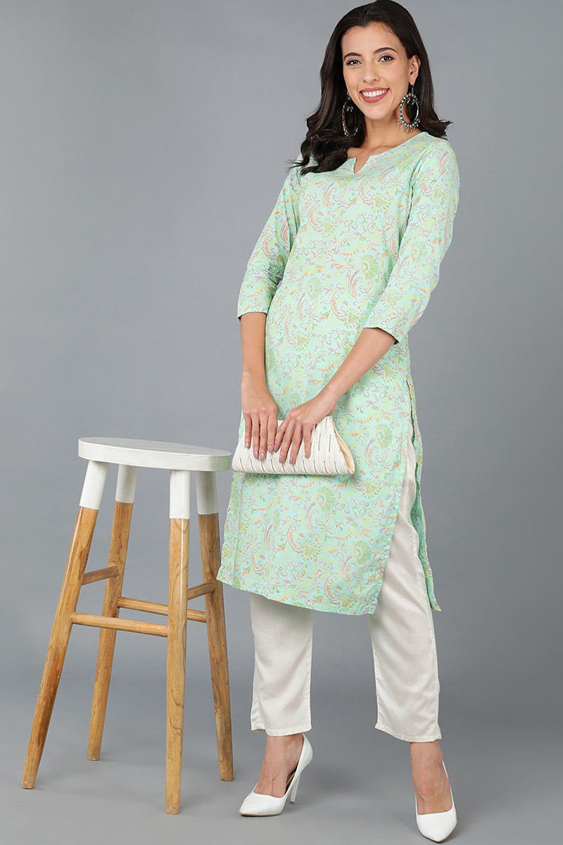 Turquoise Blue Cotton Printed Kurta VCK8580