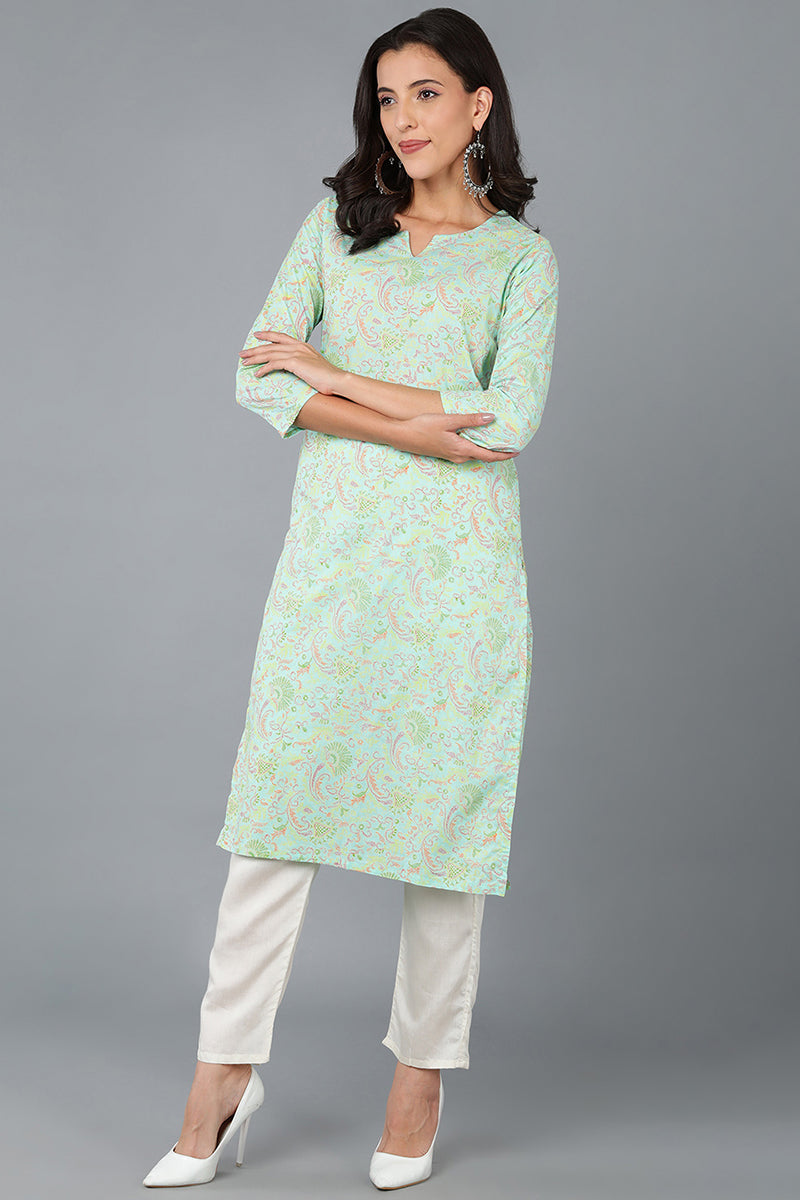 Turquoise Blue Cotton Printed Kurta VCK8580