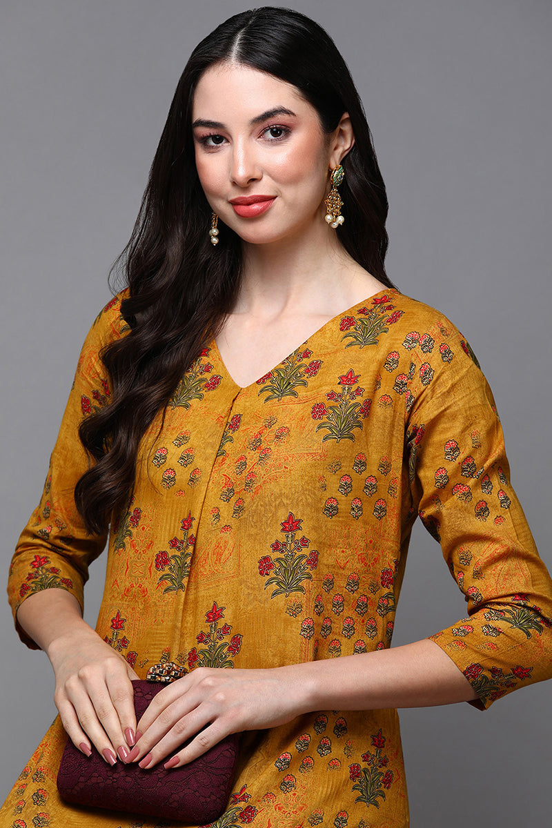 Mustard Cotton Blend Floral Straight Kurta VCK8582