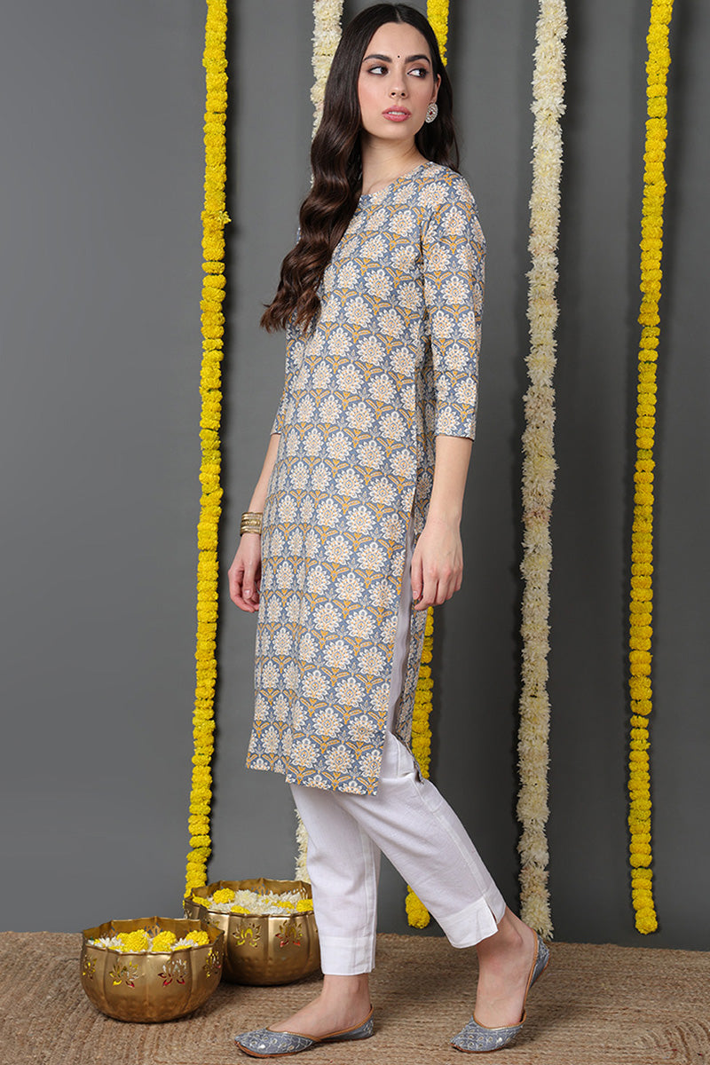 Blue Cotton Ethnic Motifs Printed Straight Kurta VCK8641