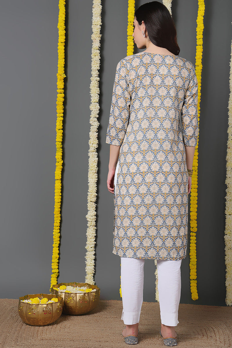 Blue Cotton Ethnic Motifs Printed Straight Kurta VCK8641