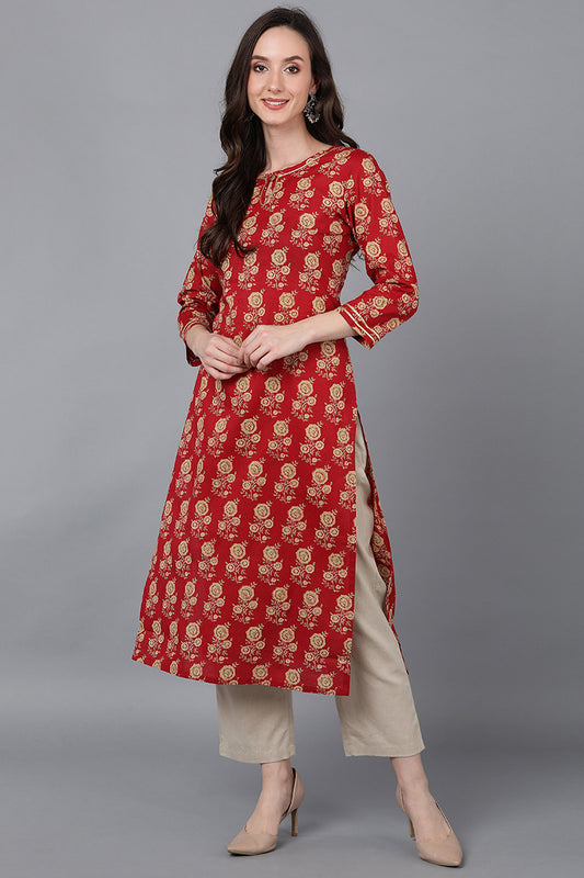 Red Cotton Floral Straight Kurta VCK8734