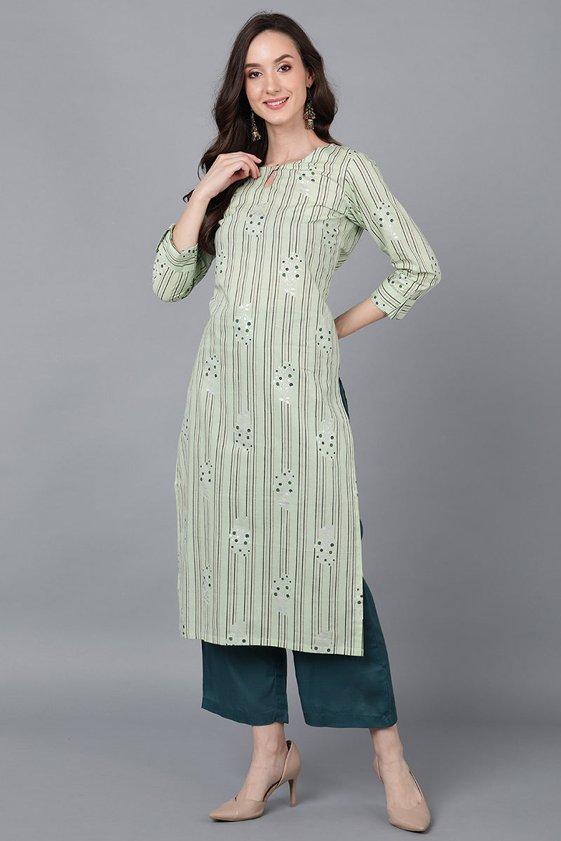 Sea Green Cotton Ethnic Motifs Straight Kurta VCK8739