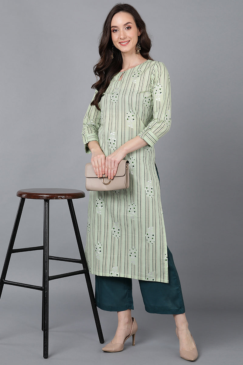 Sea Green Cotton Ethnic Motifs Straight Kurta VCK8739