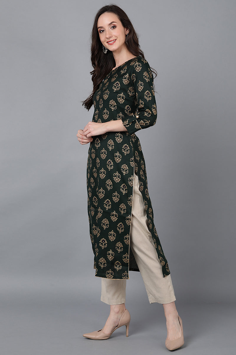 Green Cotton Ethnic Motifs Straight Kurta VCK8748