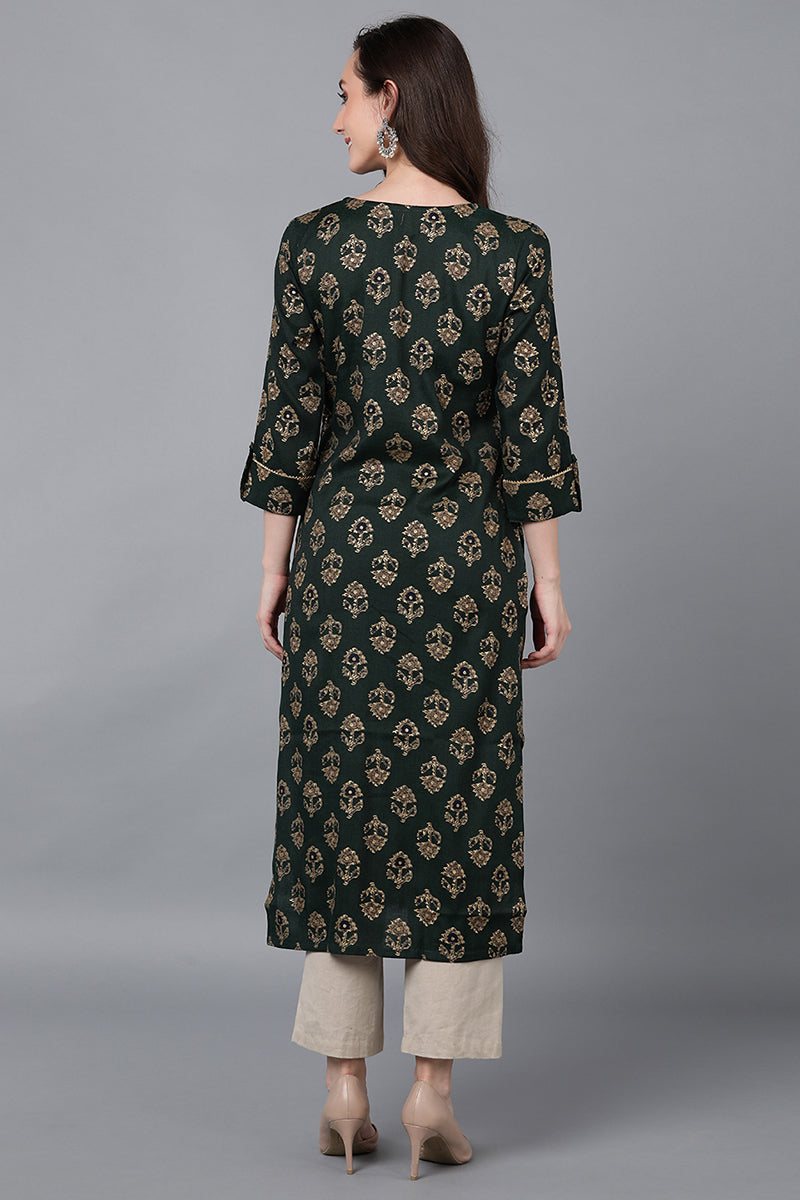 Green Cotton Ethnic Motifs Straight Kurta VCK8748