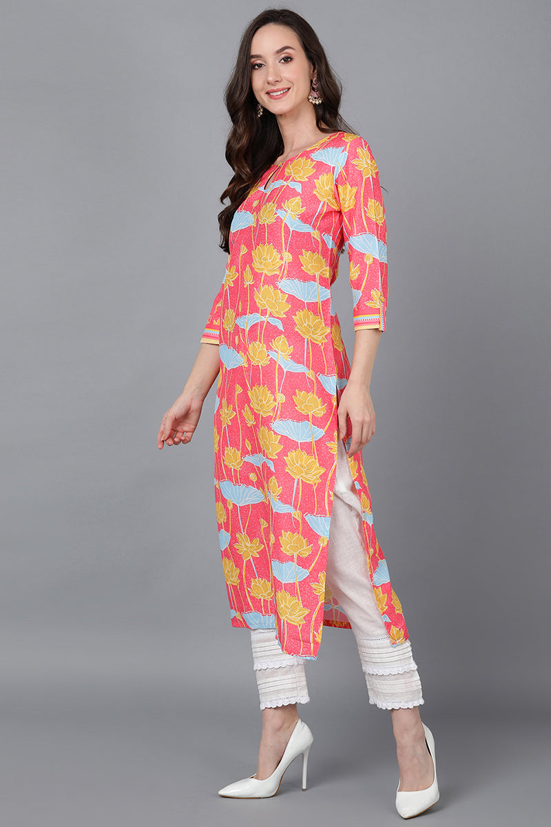 Pink Poly Silk Floral Straight Kurta VCK8787