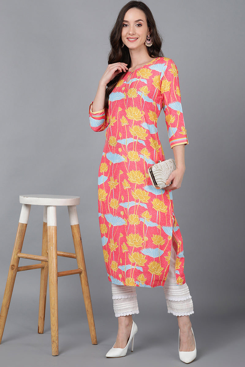 Pink Poly Silk Floral Straight Kurta VCK8787