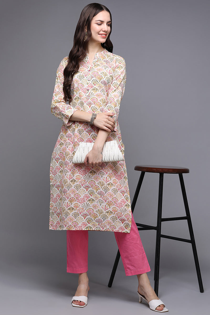 Beige Cotton Ethnic Printed Kurta VCK8869