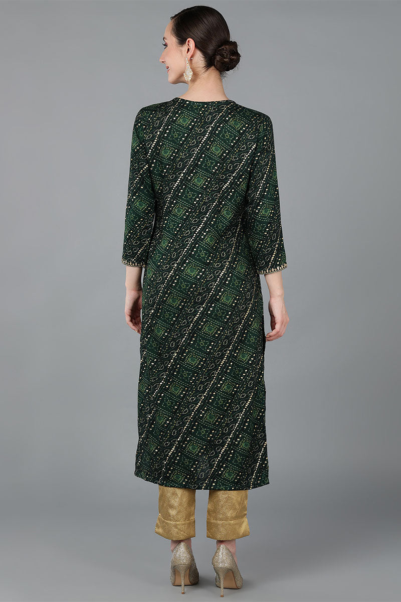 Green Viscose Rayon Ethnic Motifs Straight Kurta VCK8871