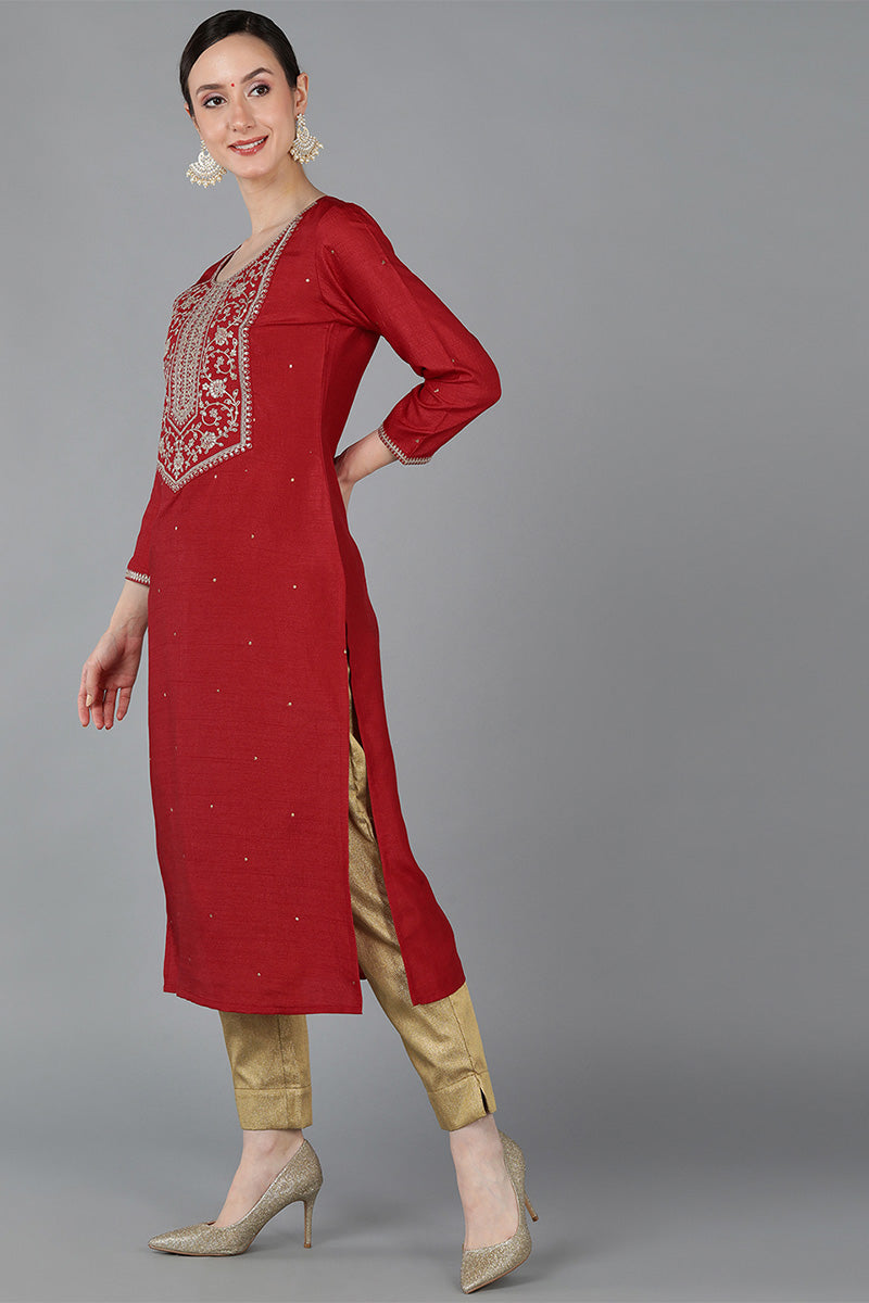 Red Chanderi Silk Solid Straight Kurta VCK8877