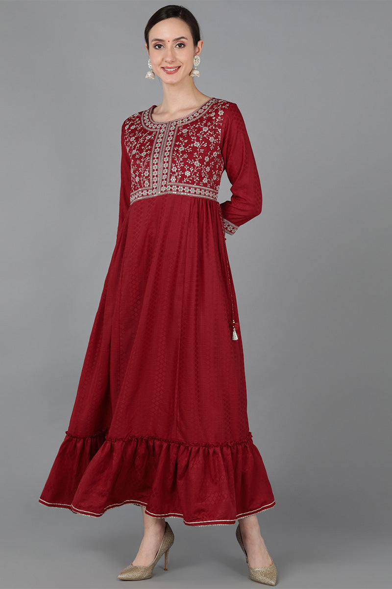 Maroon Chanderi Silk Ethnic Motifs A-Line Kurta VCK8983