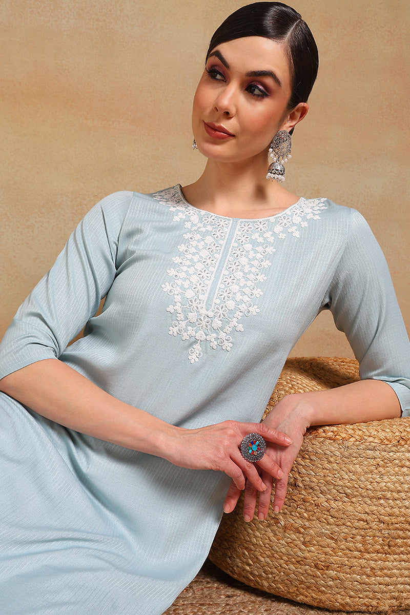 Blue Viscose Rayon Solid Embroidered Straight Kurta VCK8991A