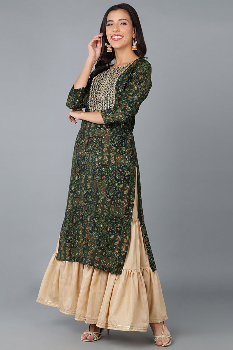 Green Silk Blend Abstract Yoke Design Straight Kurta VCK9010