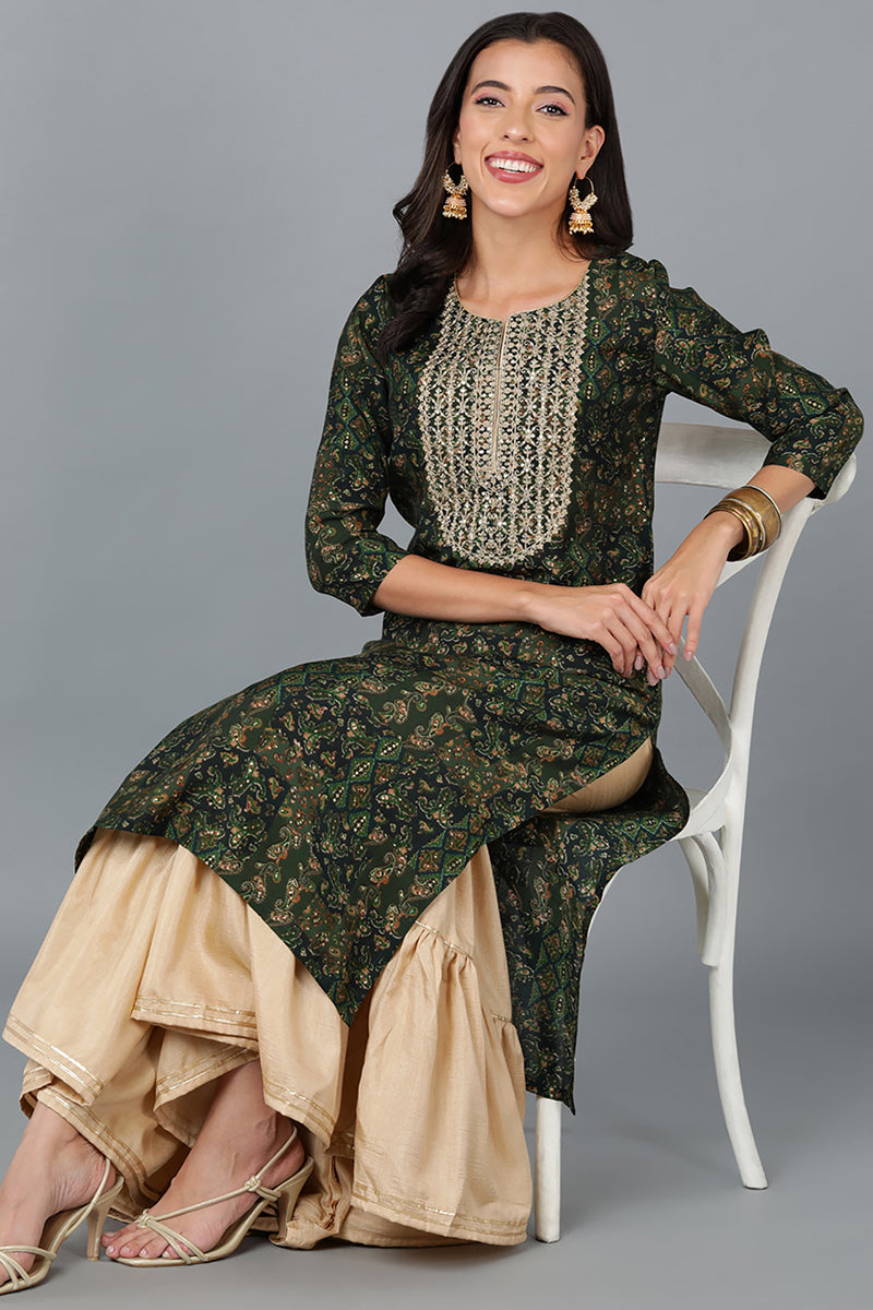 Green Silk Blend Abstract Yoke Design Straight Kurta VCK9010