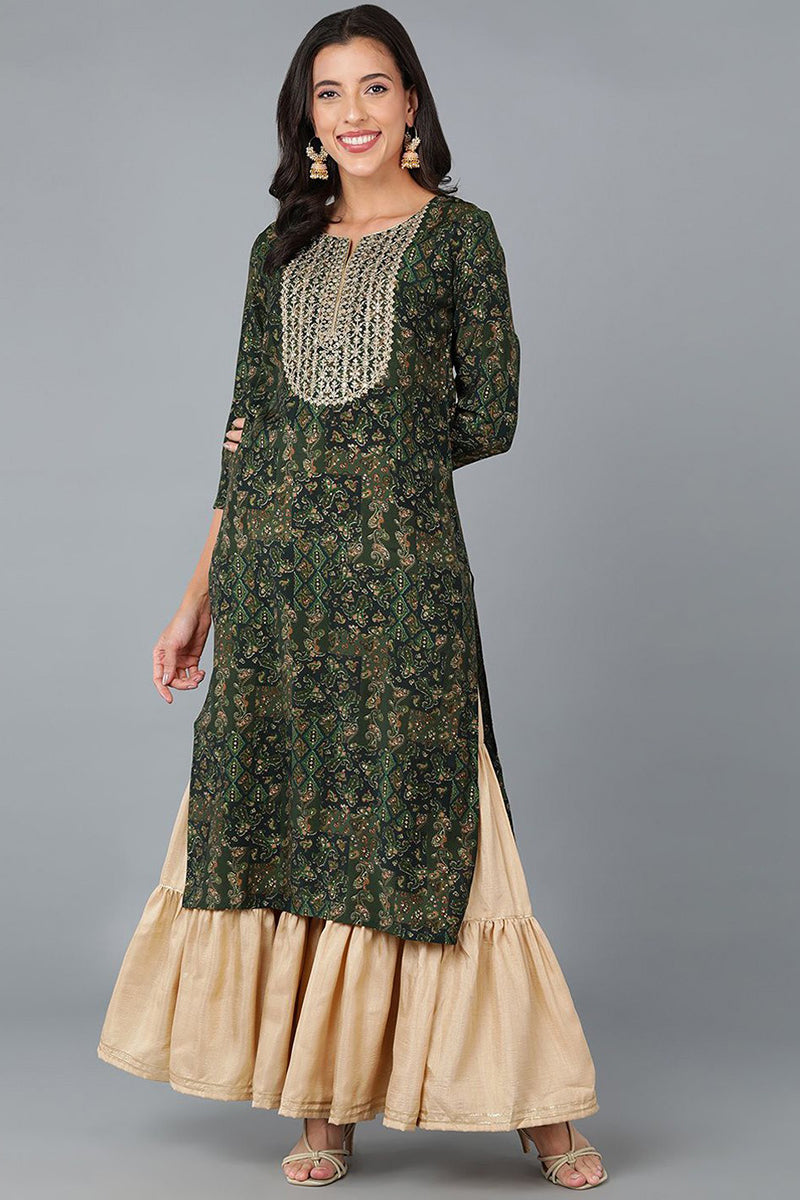 Green Silk Blend Abstract Yoke Design Straight Kurta VCK9010