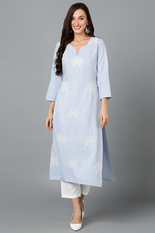 Sky Blue Cotton Blend Embroidered Kurta VCK9023