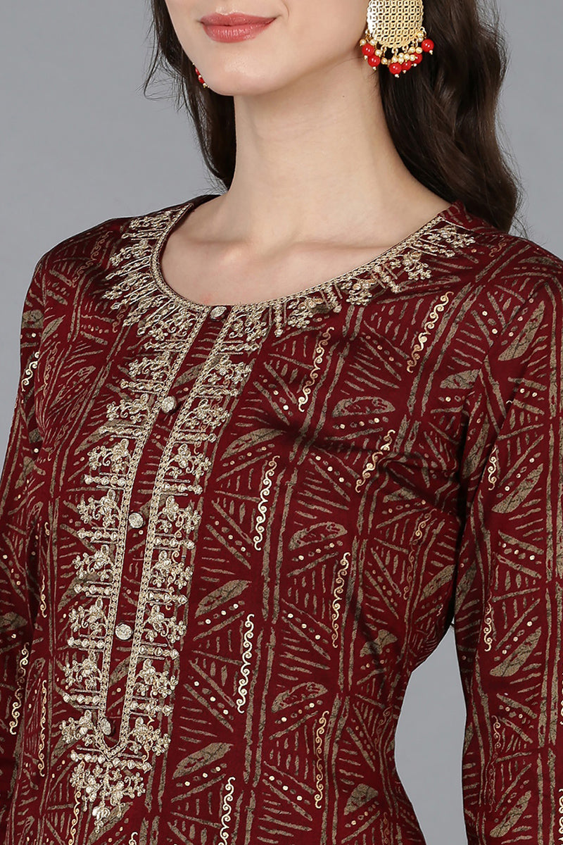 Maroon Silk Blend Ethnic Motifs Embroidered Straight Kurta VCK9031