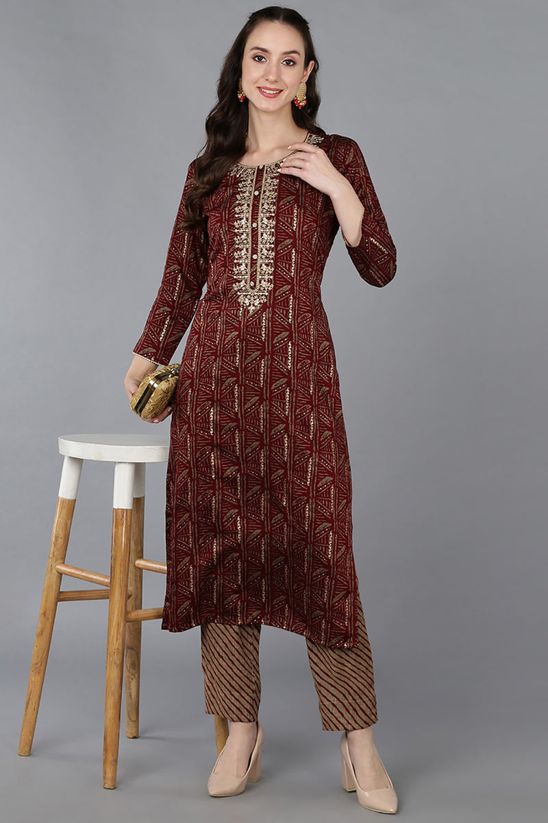 Maroon Silk Blend Ethnic Motifs Embroidered Straight Kurta VCK9031