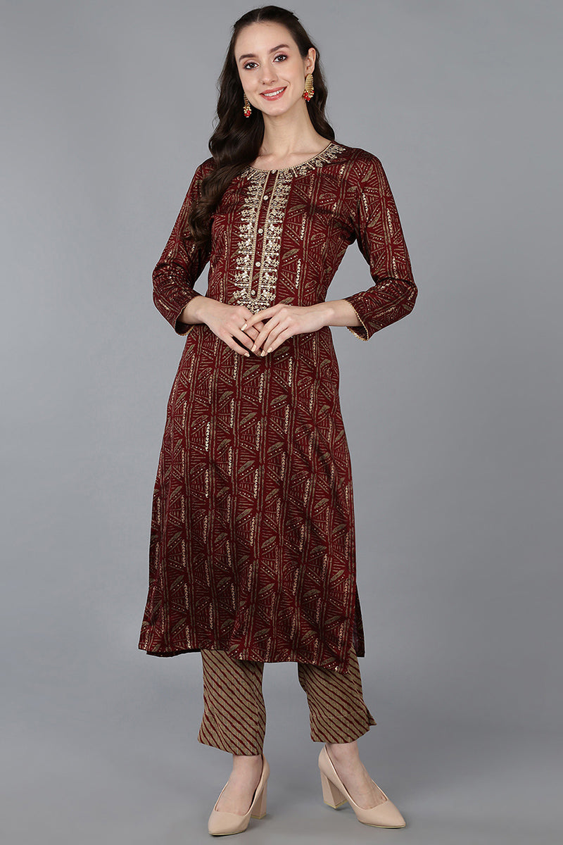 Maroon Silk Blend Ethnic Motifs Embroidered Straight Kurta VCK9031