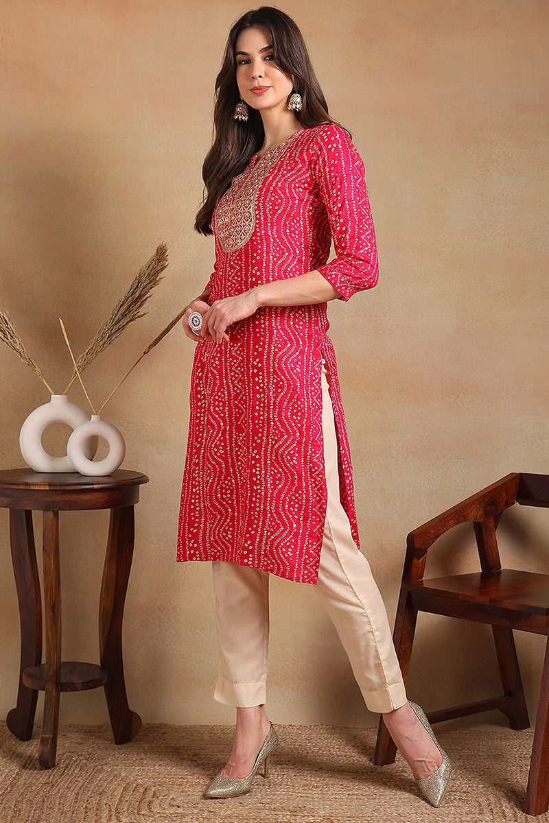 Pink Viscose Rayon Bandhani Embroidered Straight Kurta VCK9059