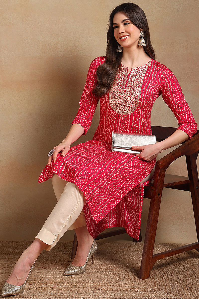 Pink Viscose Rayon Bandhani Embroidered Straight Kurta VCK9059