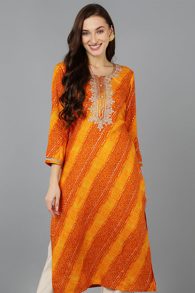 Orange Viscose Rayon Bandhani Embroidered Straight Kurta VCK9060