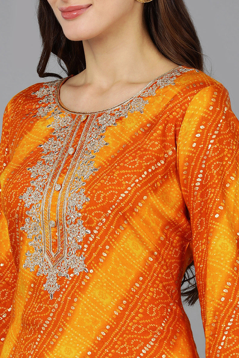 Orange Viscose Rayon Bandhani Embroidered Straight Kurta VCK9060