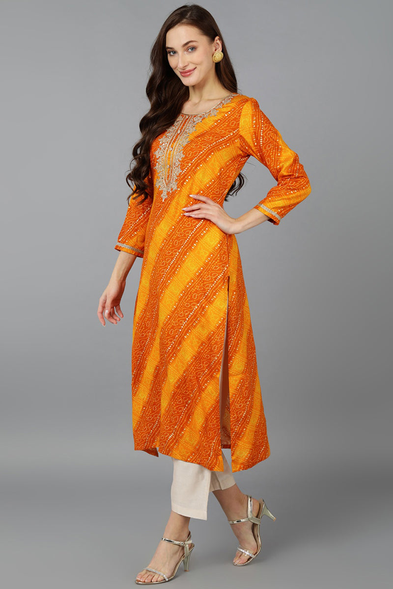 Orange Viscose Rayon Bandhani Embroidered Straight Kurta VCK9060