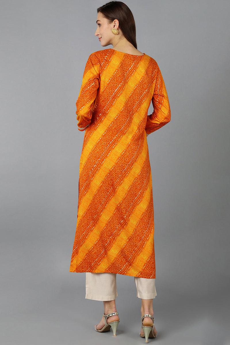 Orange Viscose Rayon Bandhani Embroidered Straight Kurta VCK9060