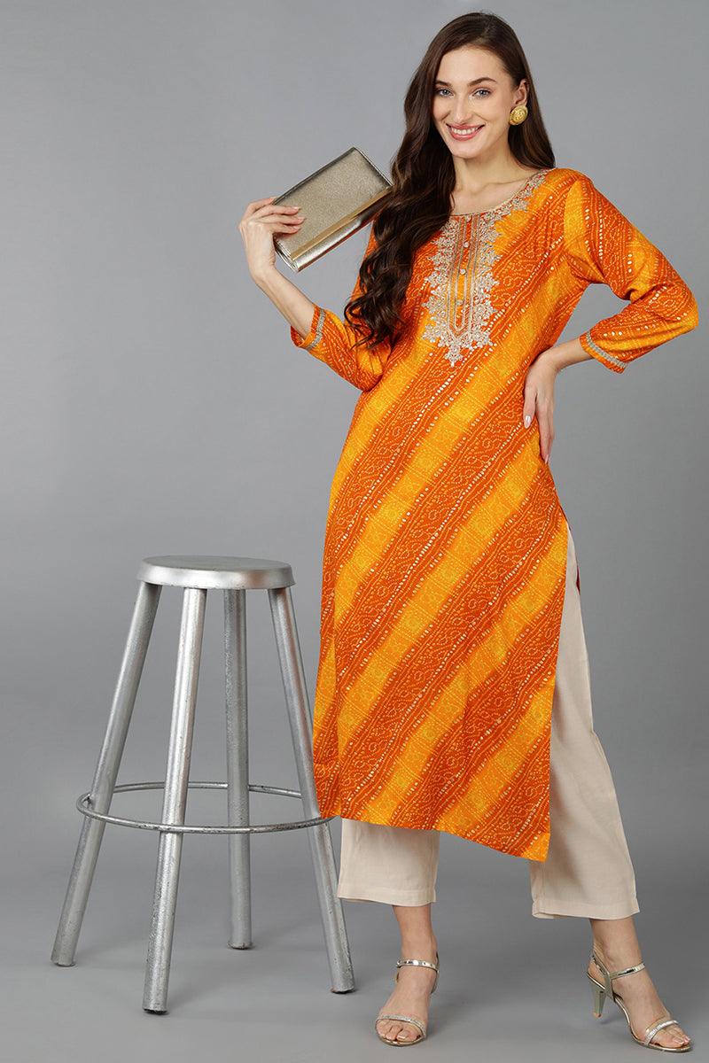 Orange Viscose Rayon Bandhani Embroidered Straight Kurta VCK9060