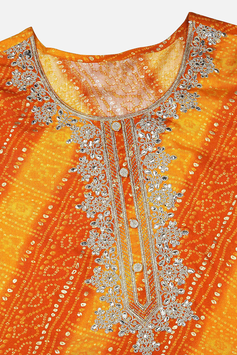 Orange Viscose Rayon Bandhani Embroidered Straight Kurta VCK9060