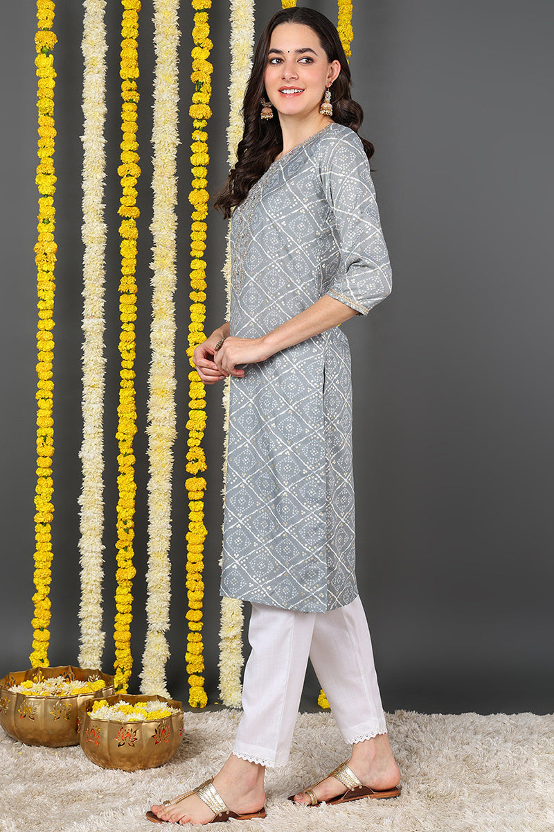 Grey Cotton Blend Bandhani Printed Straight Kurta VCK9088