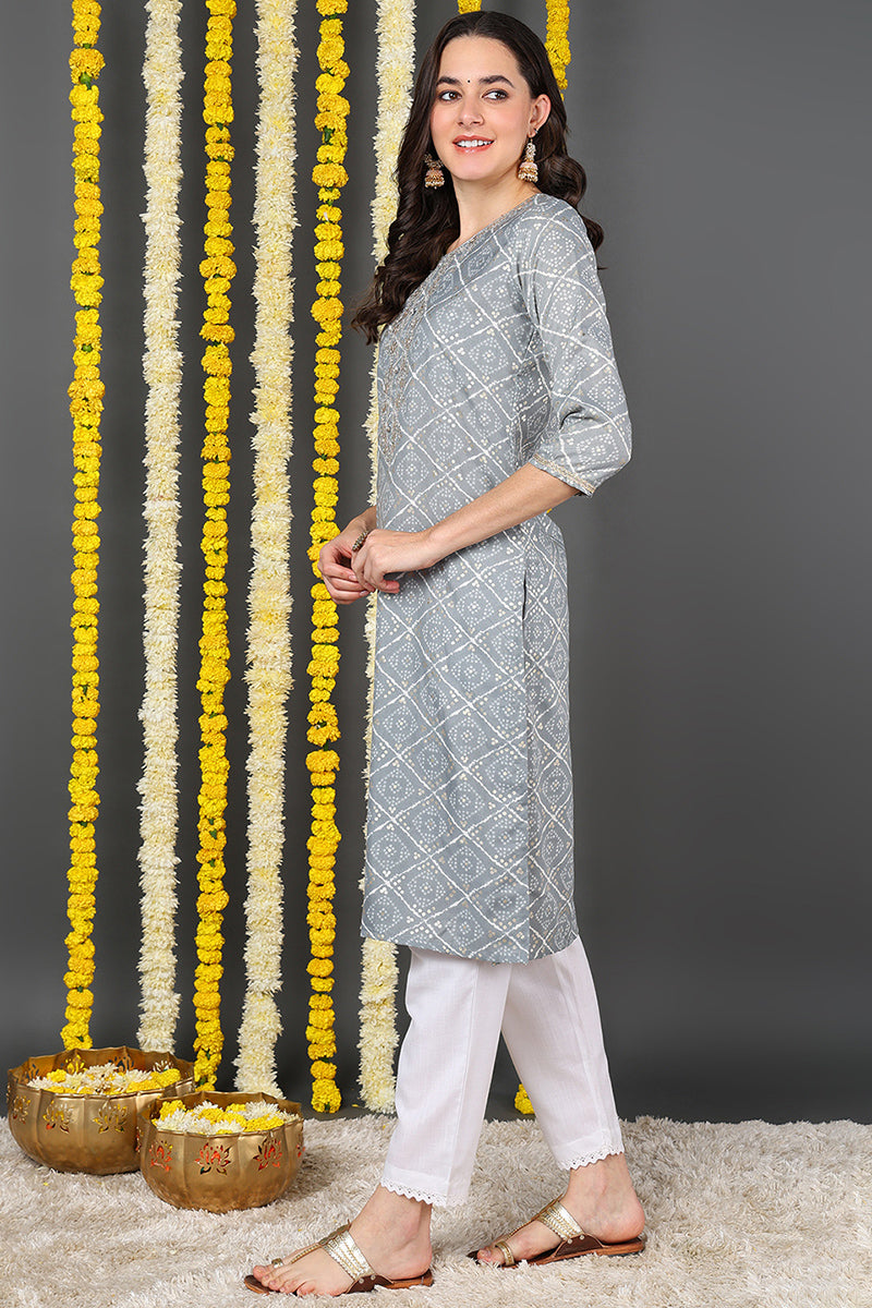 Grey Cotton Blend Bandhani Printed Straight Kurta VCK9088