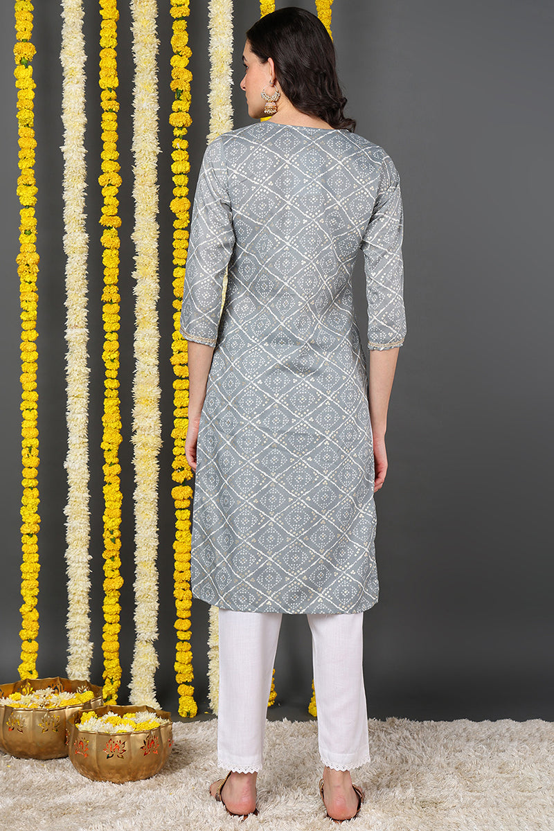 Grey Cotton Blend Bandhani Printed Straight Kurta VCK9088