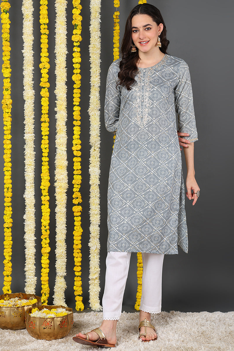 Grey Cotton Blend Bandhani Printed Straight Kurta VCK9088