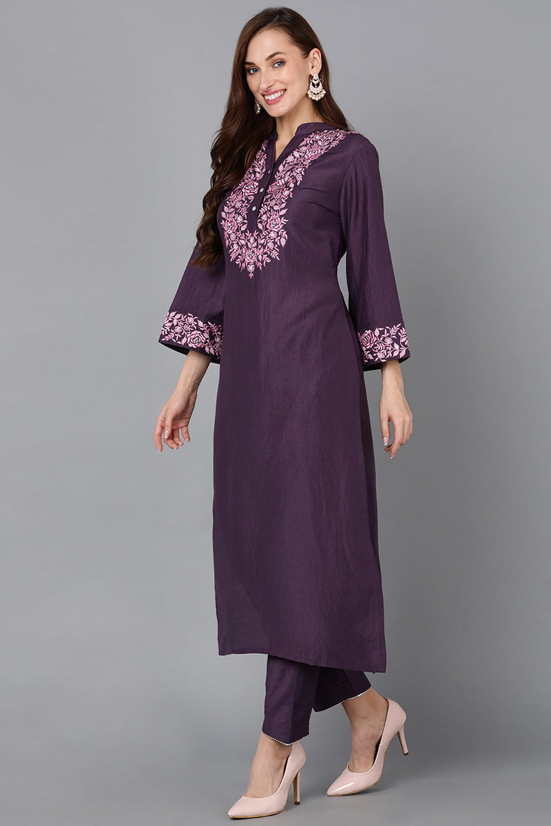 Purple Silk Blend Embroidered Kurta VCK9108