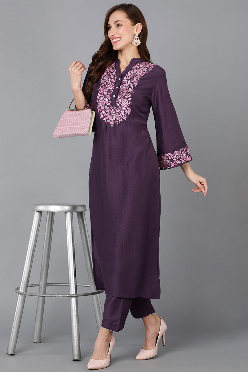 Purple Silk Blend Embroidered Kurta VCK9108