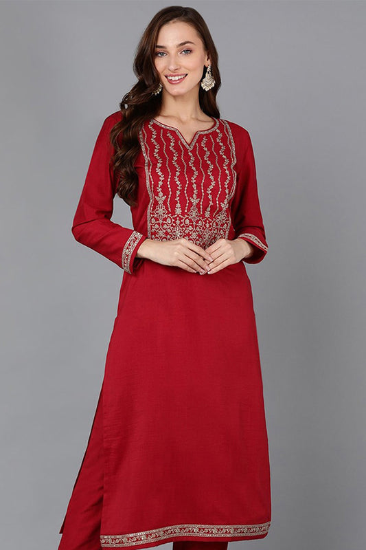 Red Silk Blend Straight Kurta VCK9116