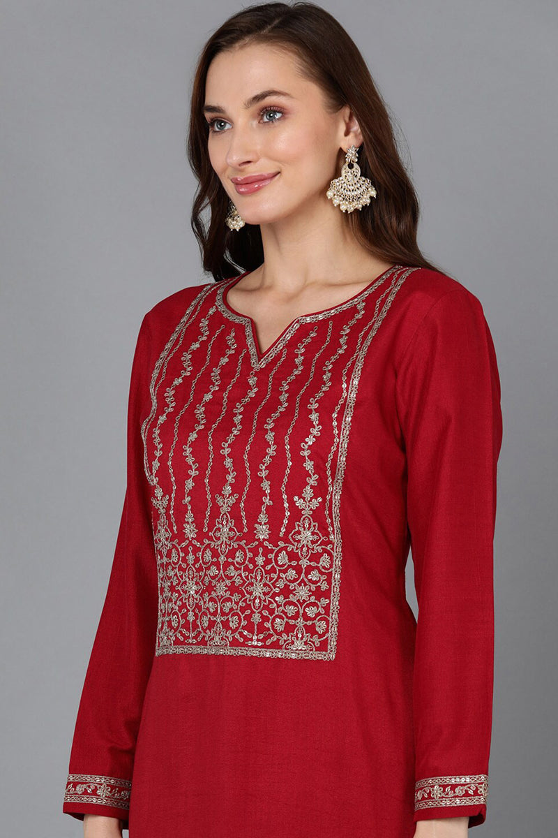 Red Silk Blend Straight Kurta VCK9116