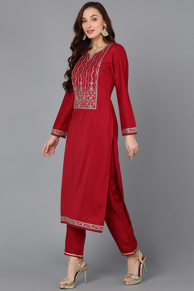 Red Silk Blend Straight Kurta VCK9116