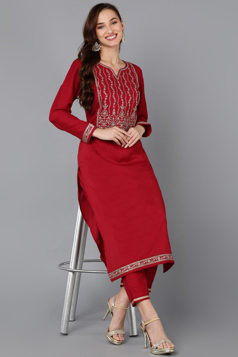 Red Silk Blend Straight Kurta VCK9116