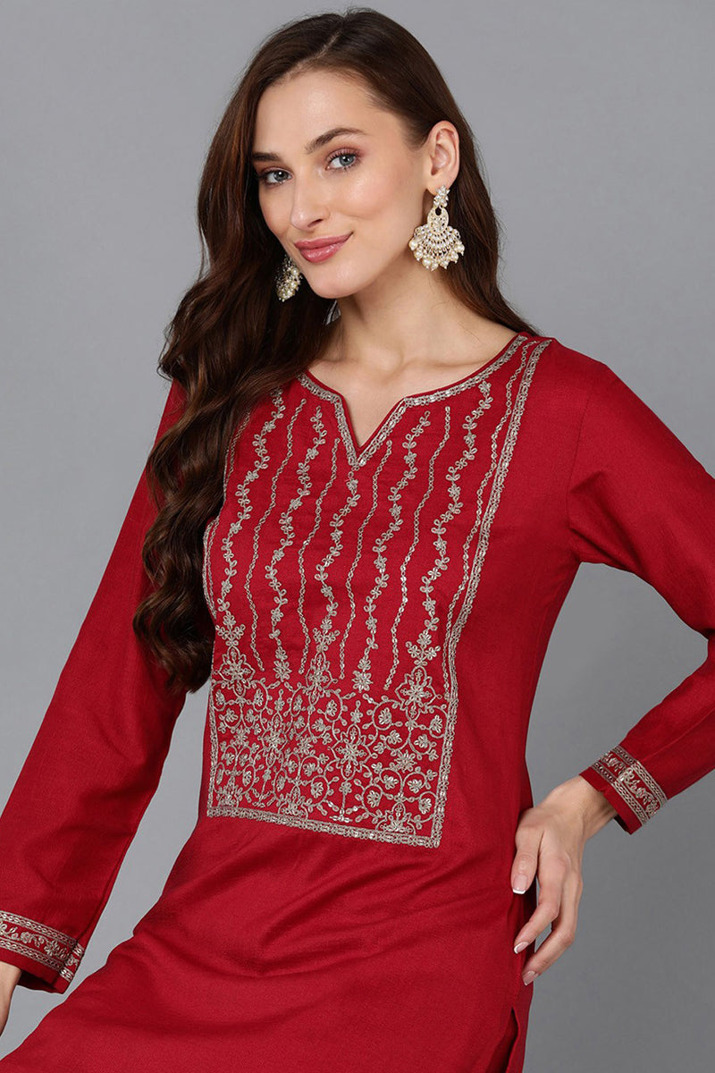 Red Silk Blend Straight Kurta VCK9116