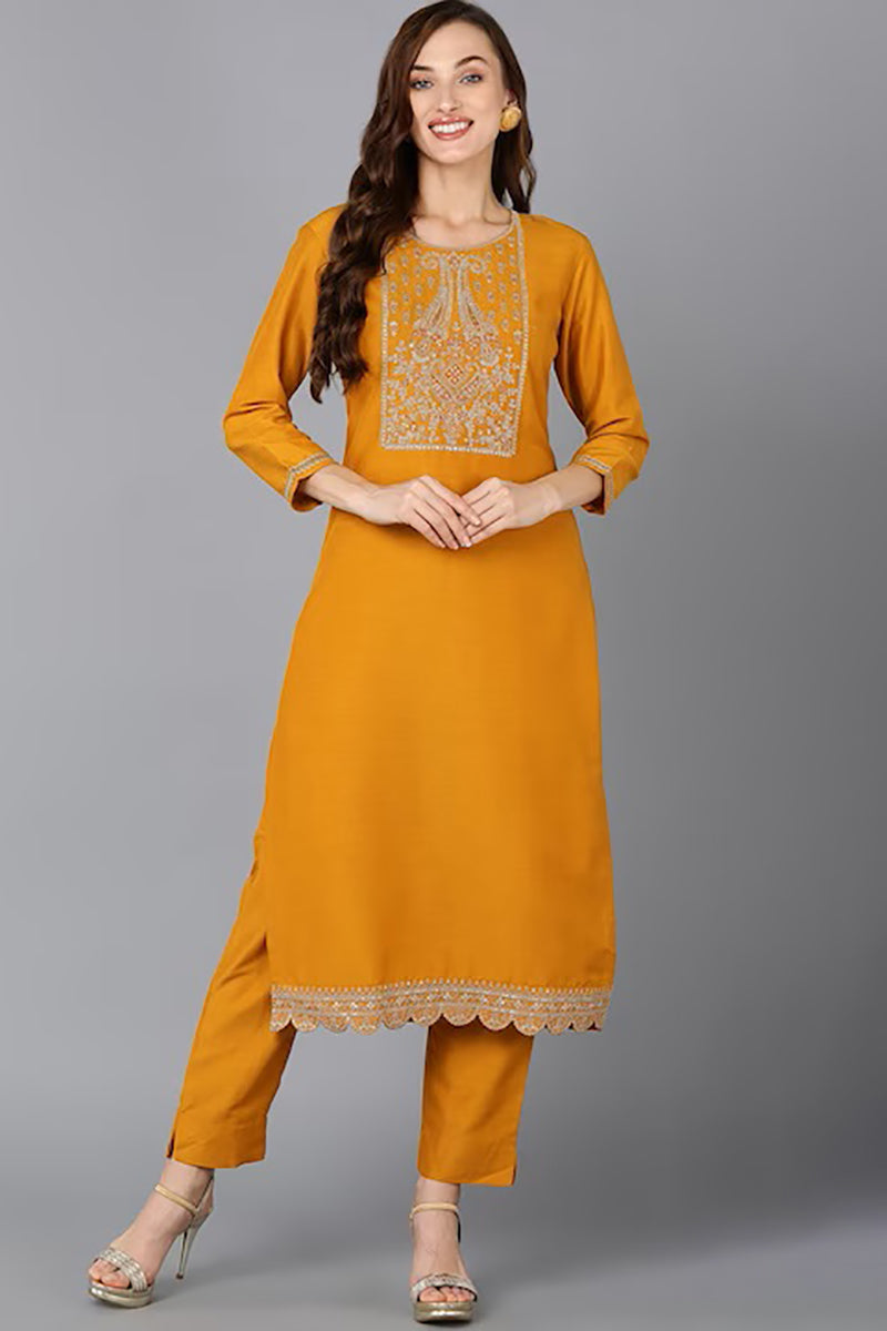 Mustard Silk Blend Solid Straight Kurta VCK9127