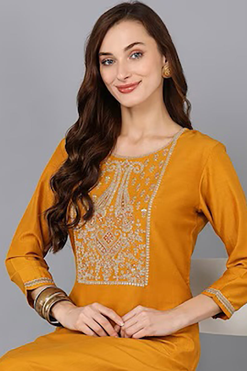 Mustard Silk Blend Solid Straight Kurta VCK9127